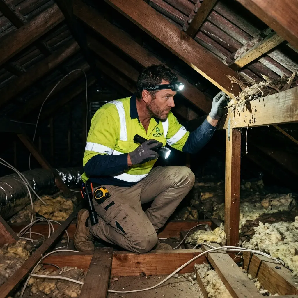 Technician inspecting a roof cavity for a dead animal in Belgrave