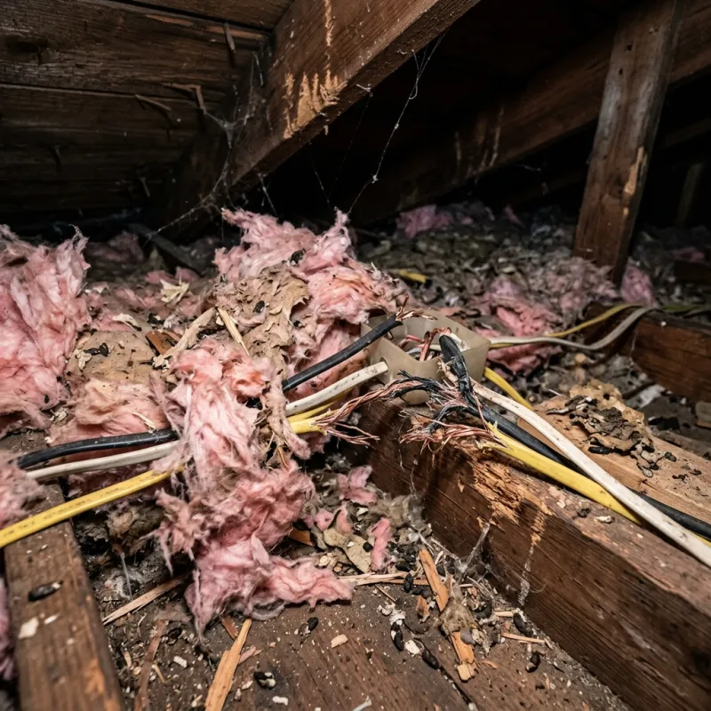 Contaminated ceiling insulation being assessed in a Belgrave roof space